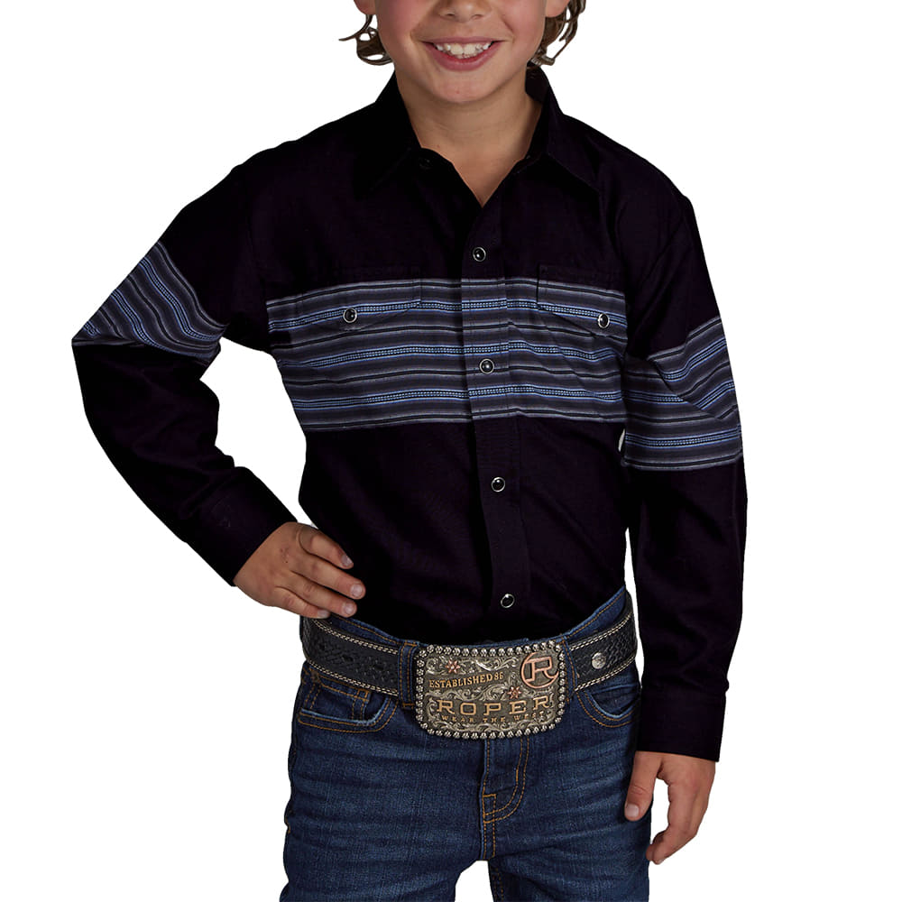 Roper Apparel Roper Border Striped Long Sleeve Snap Boy's Shirt In Blue
