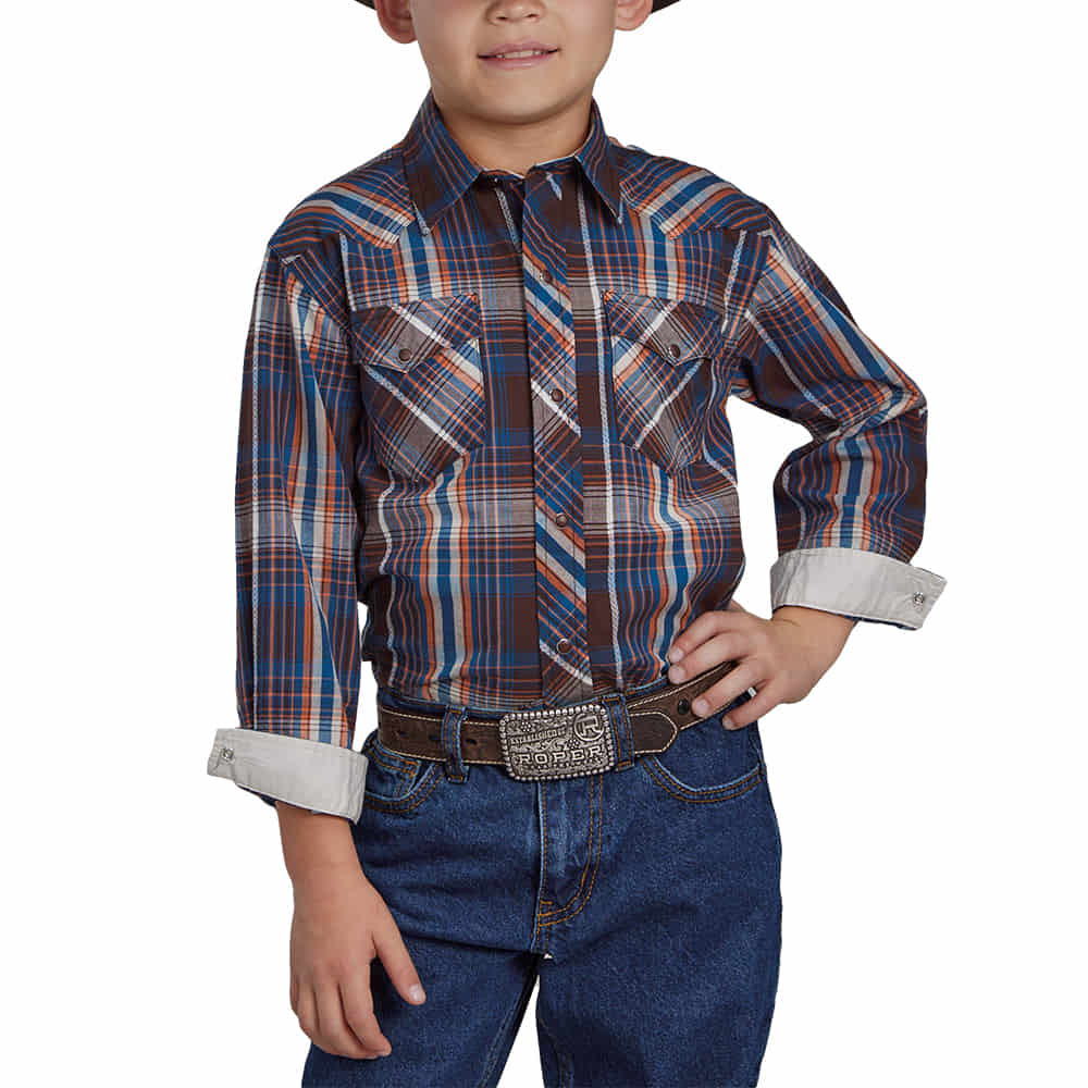 Roper Apparel Roper Plaid Long Sleeve Snap Boy's Shirt In Brown