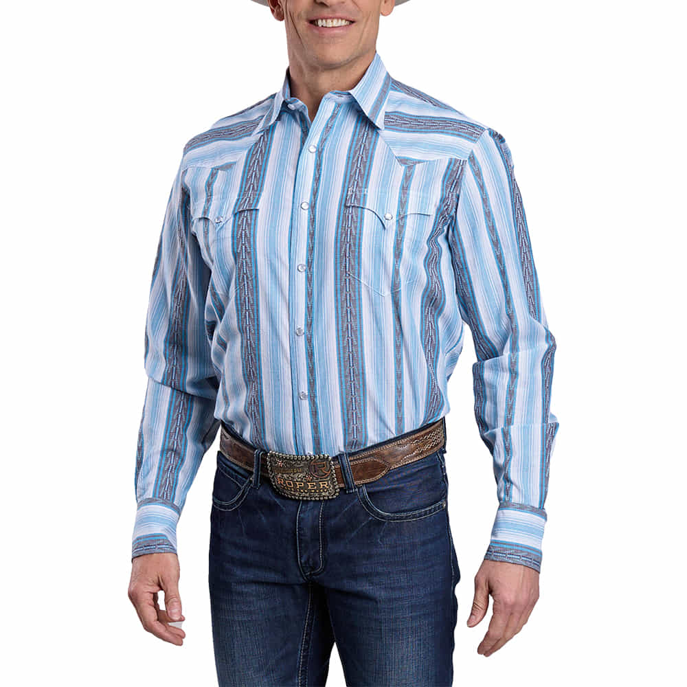 Roper Apparel Roper Vertical Blue Striped Long Sleeve Snap Button Men's Shirt