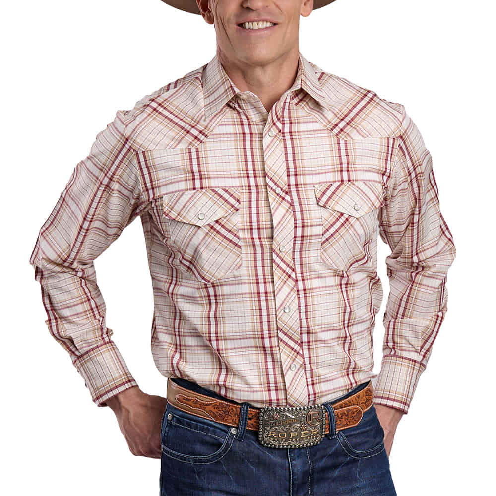 Roper Apparel Roper White Plaid Snap Long Sleeve Mens Shirt