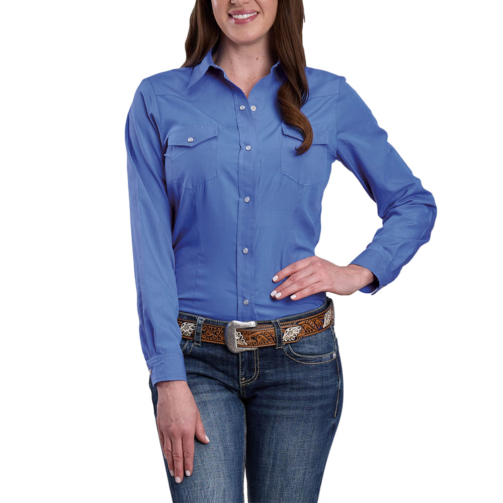 Roper Apparel Roper Women's Solid Snap Long Sleeve Shirt in Blue