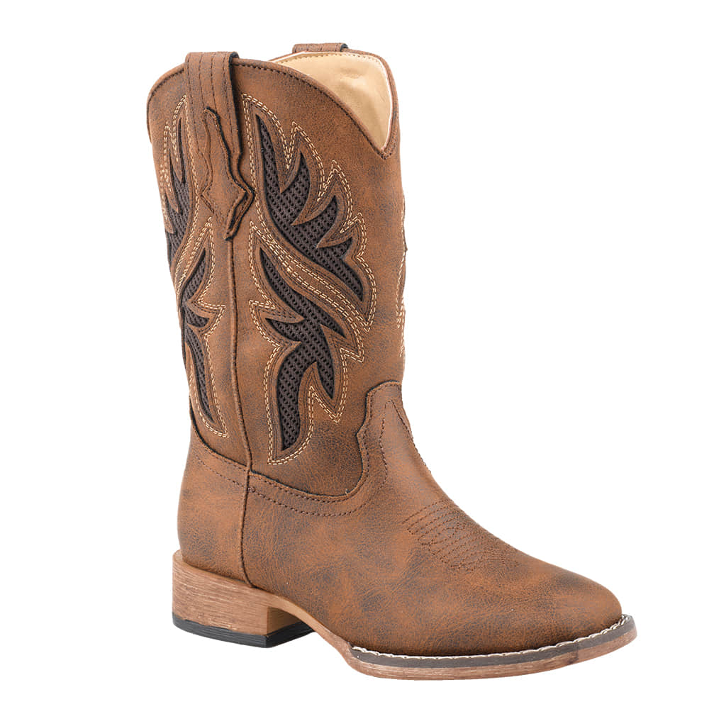 Roper Footwear DRAFTMASTER VINTAGE BROWN LEATHER VAMP  SHAFT BROWN MESH WESTERN UNDERLAY DESIG