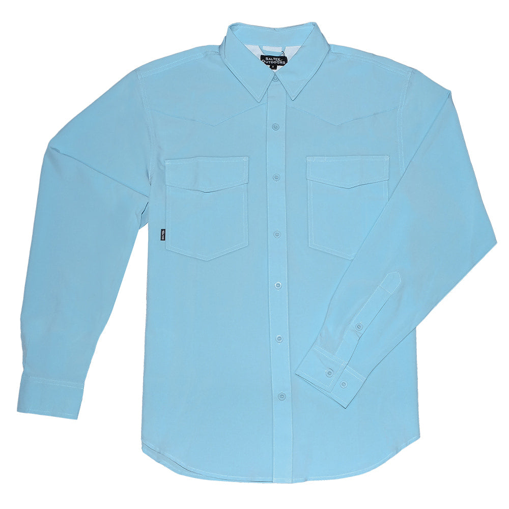 Saltee Outdoors Apparel Saltee Outdoors Eleuthra Western Mecom Blue Hidden Snap Long Sleeve Men's Performance Shirt