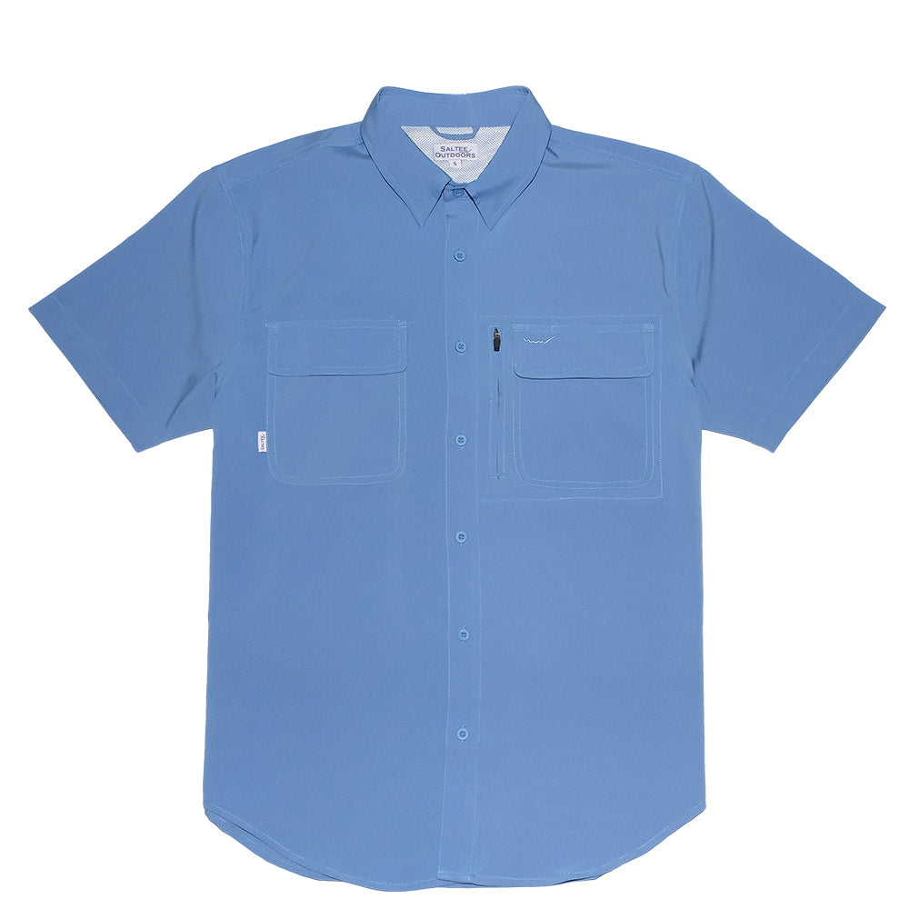 Saltee Outdoors Apparel Saltee Outdoors Jack's Bay Performance Short Sleeve Button-Down Hidden Snap Pocket In Bahama Blue