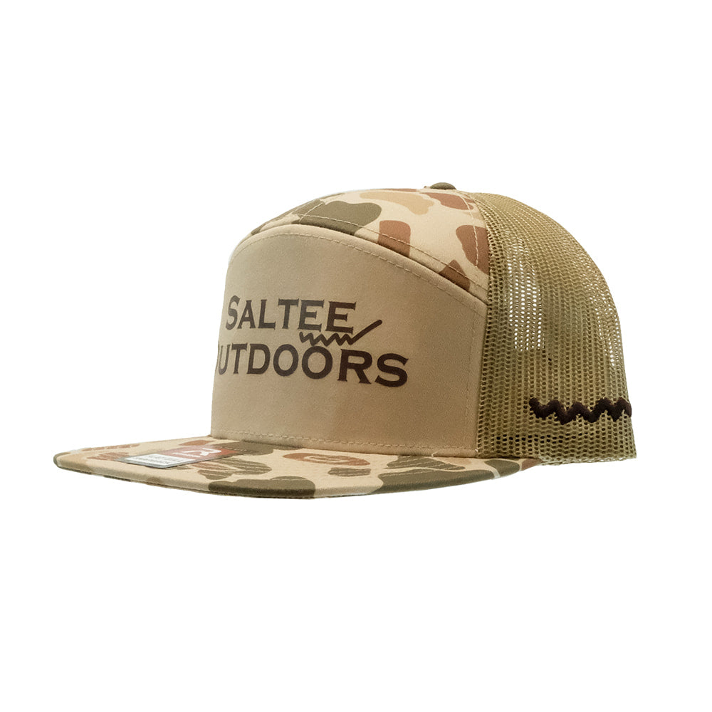 Saltee Outdoors Hats Camouflage Saltee Outdoors Harvest Duck Camo and Sandstone with Brown Embroidery Meshback Cap