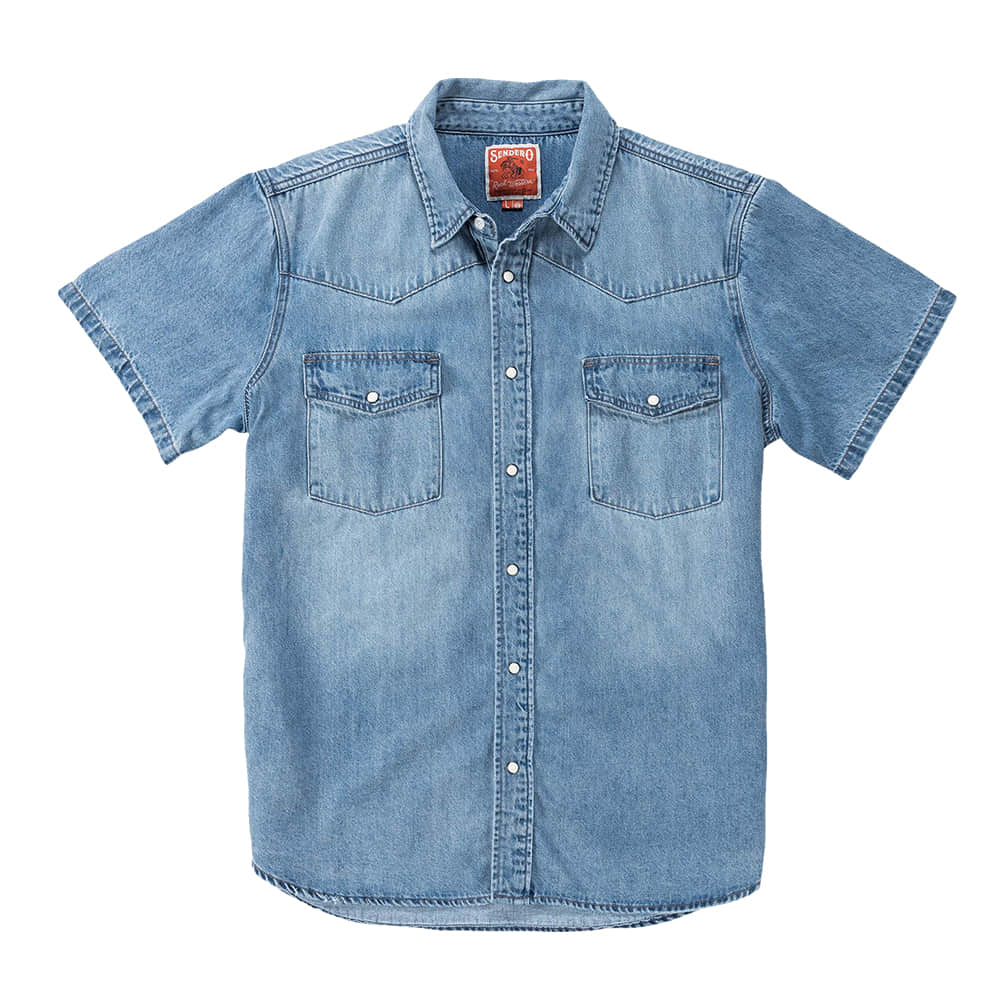 Sendero Provisions Company Apparel MENS WYATT PEARL SNAP SHORT SLEEVE SHIRT IN VINTAGE DENIM