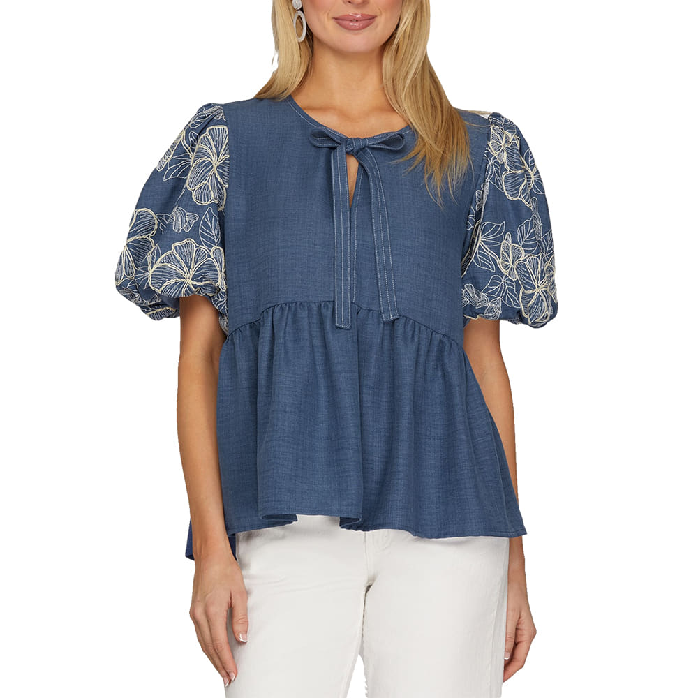 SHE and SKY Apparel Embroidered Puff Short Sleeve Blouse