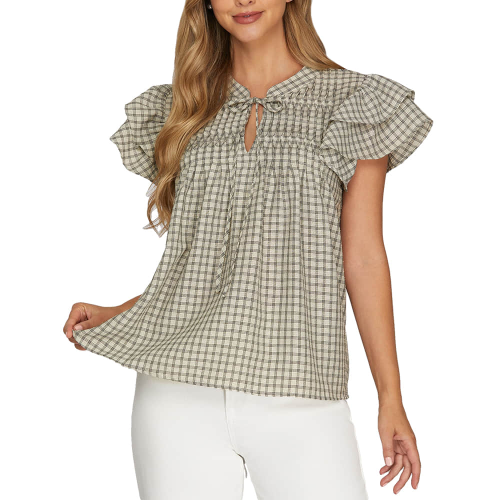 SHE and SKY Apparel Ruffle Sleeve Pintuck Gingham Top