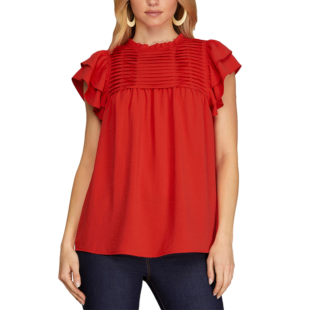 SHE and SKY Apparel Ruffle Sleeve Pleated Blouse