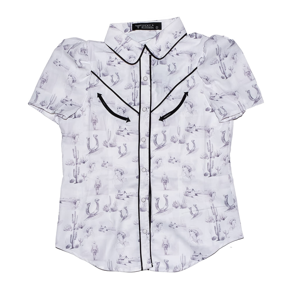 South Texas Tack 1000 FASHION Womens Checkered Horse Contrast Arrow Pearl Snap Puff Sleeve Top