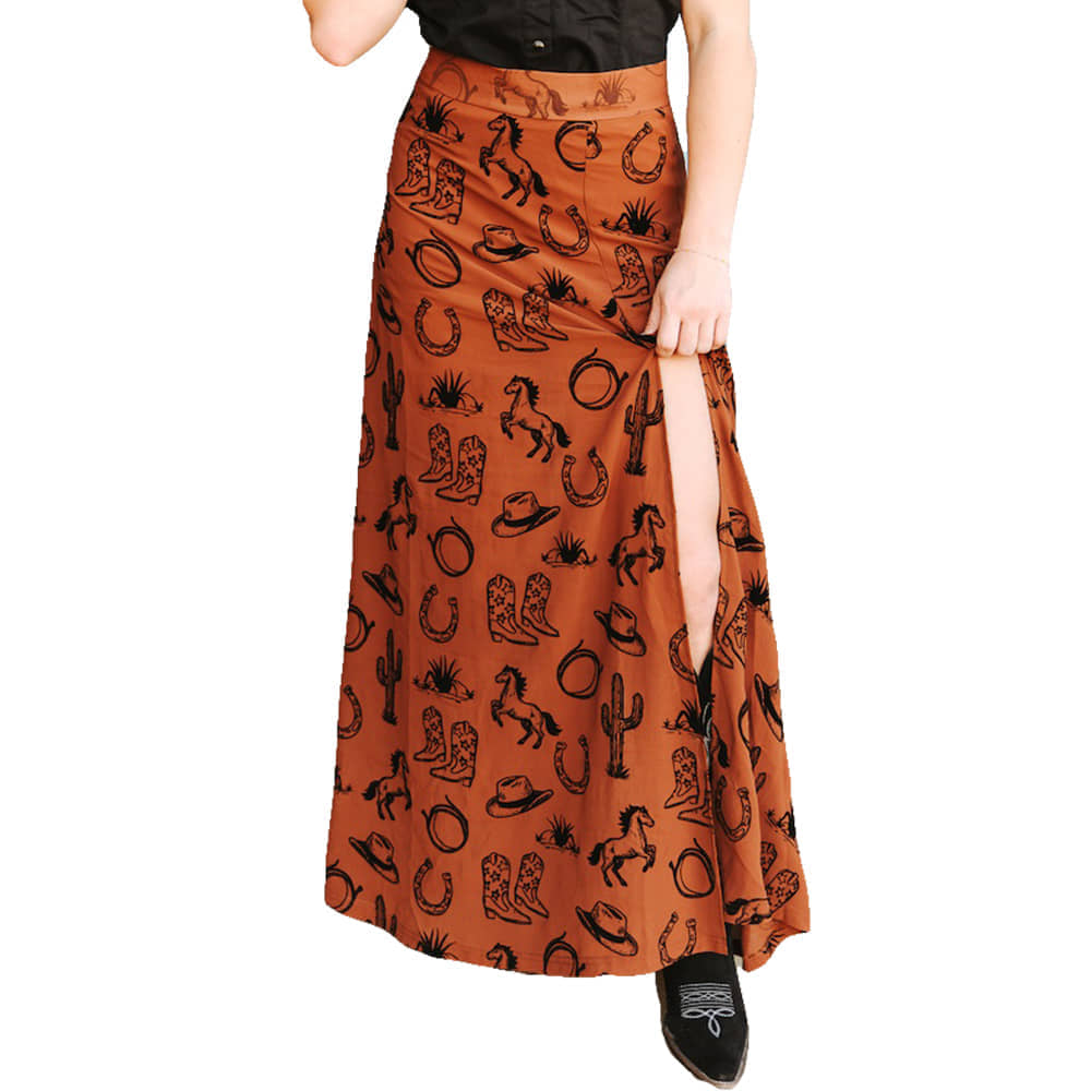South Texas Tack 2000 WOMENS SKIRTS Womens Brown Camel Western Burnout Velvet Front Slit Maxi Skirt
