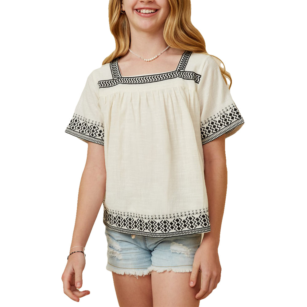 South Texas Tack Apparel Apparel Girls Cotton Slub Textured Embroidered Square Neck Top