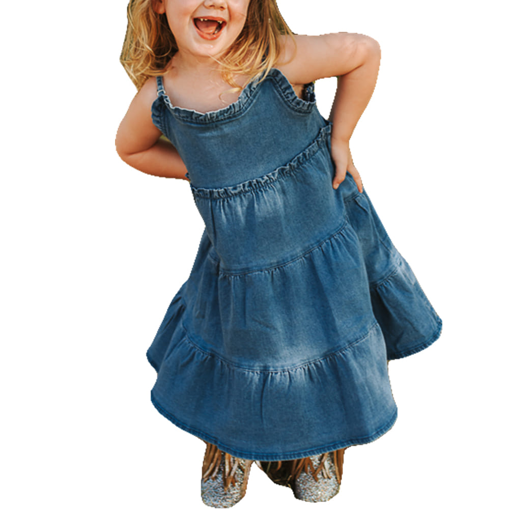 South Texas Tack Apparel Girls Mid Wash Adjustable Strap Denim Ruffle Dress