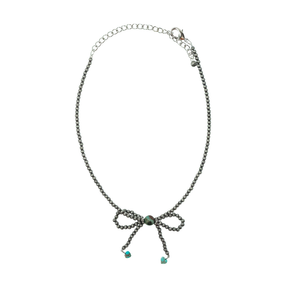 South Texas Tack Apparel Jewelry 15 Inch Faux Navajo Pearl Turquoise and Silver Bead Bow Necklace