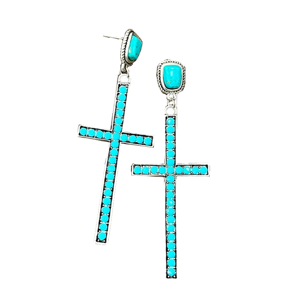 South Texas Tack Apparel Jewelry Cross Crystal Post Earrings with Faux Turquoise