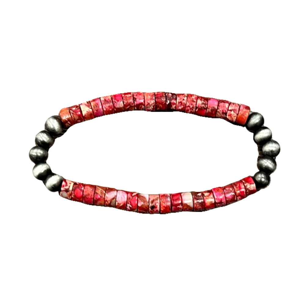 South Texas Tack Apparel Jewelry Handmade Faux Navajo Pearl and Red Bead Stretch Bracelet