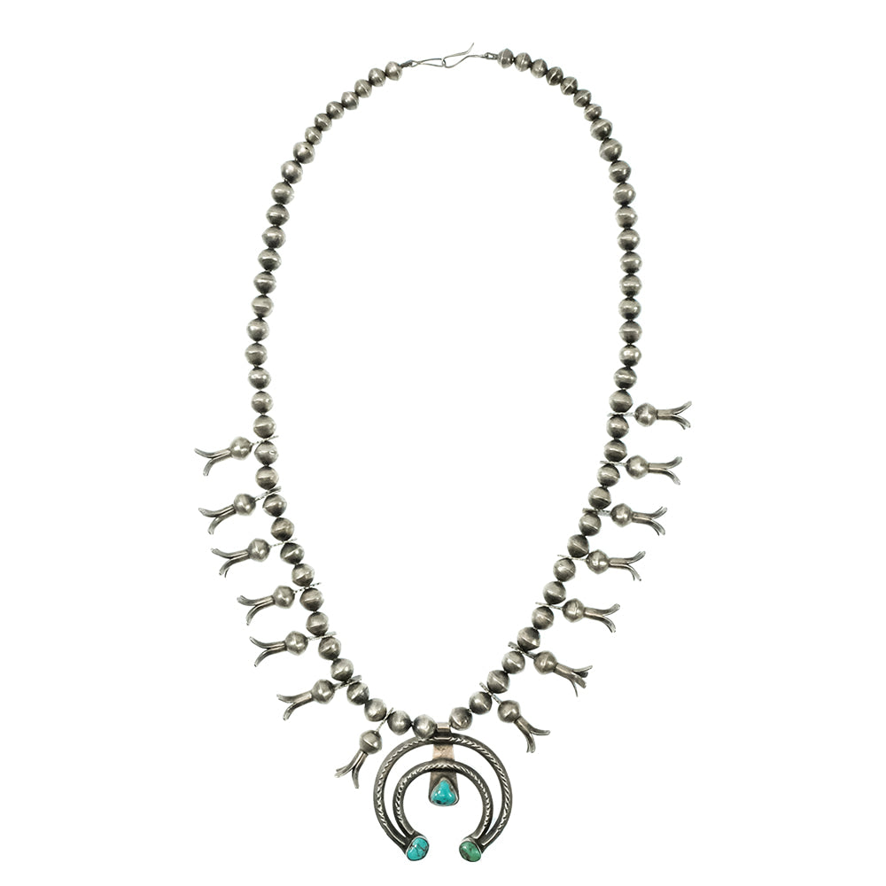 South Texas Tack Apparel Jewelry Silver and Turquoise Squash Blossom Necklace