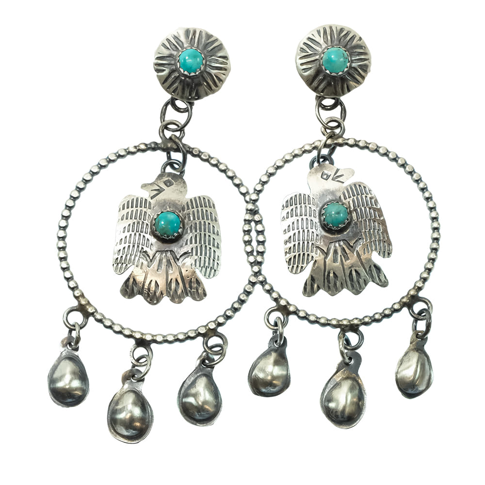 South Texas Tack Apparel Jewelry Turquoise Gabriela Yazzie Native American Navajo Sterling Silver Turquoise Thunderbird Post / Dangling Earrings