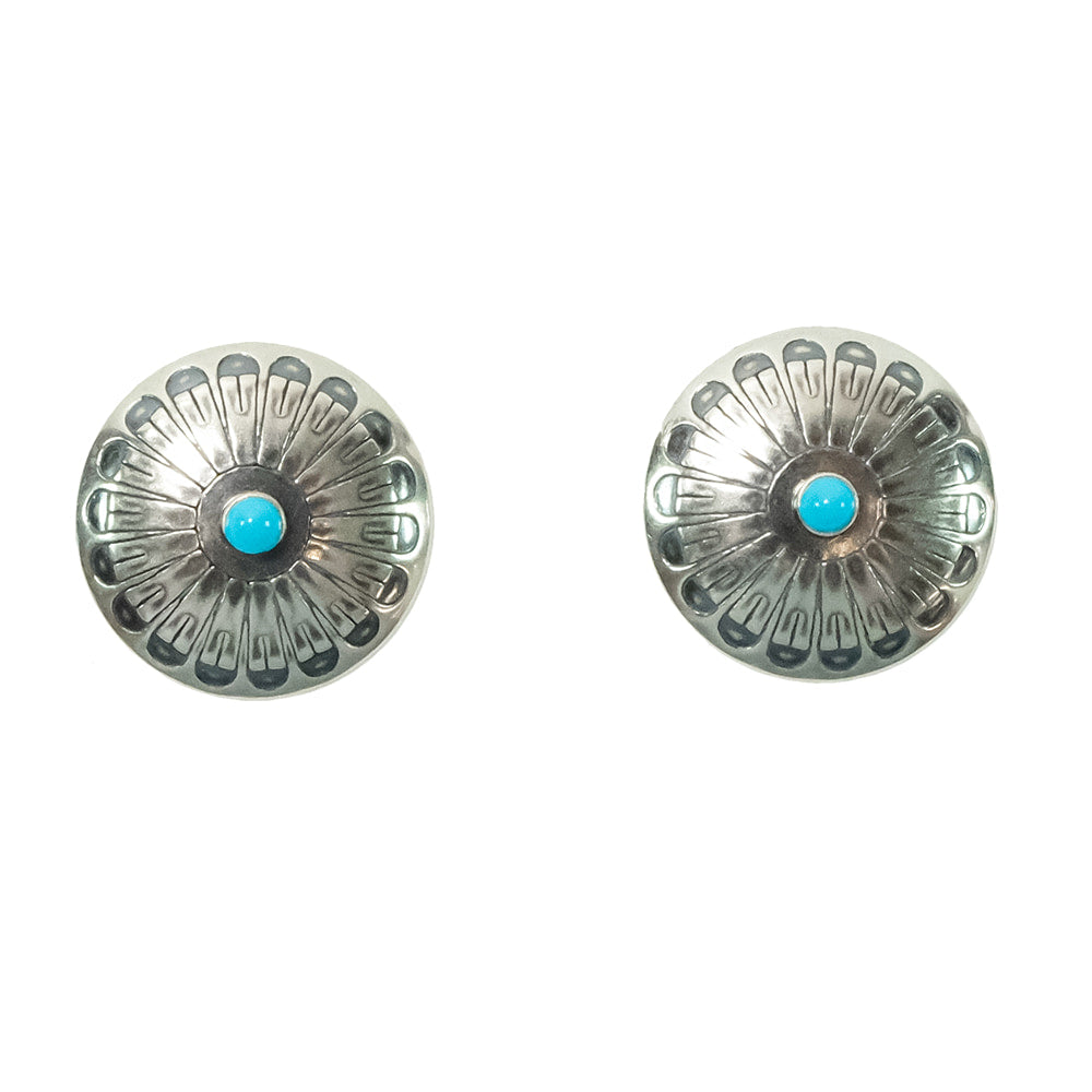 South Texas Tack Apparel Jewelry Turquoise Round Silver with Flower Center Turquoise Stone Stud Earrings