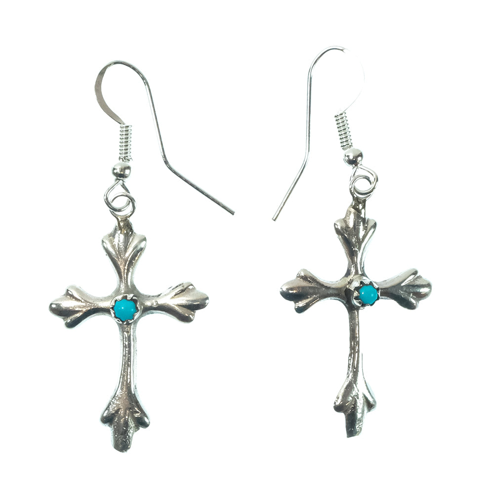 South Texas Tack Apparel Jewelry Turquoise Sterling Silver Cross With Turquoise Dangle Earrings