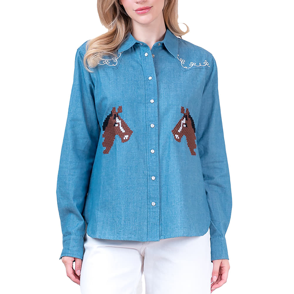 South Texas Tack Apparel Long Sleeve Button Down Denim Embroidery Shirt