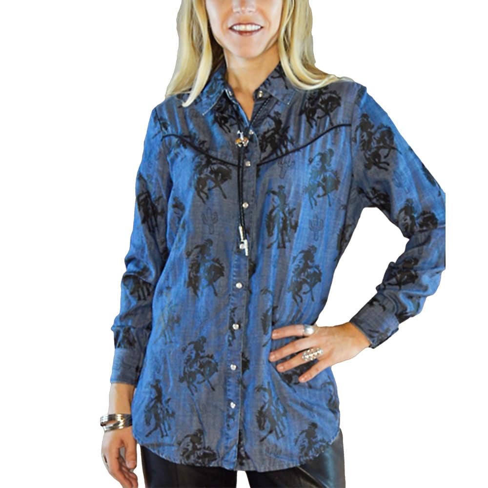 South Texas Tack Apparel The Cactus Rose Buckaroo Denim Tencel Pearl Snap