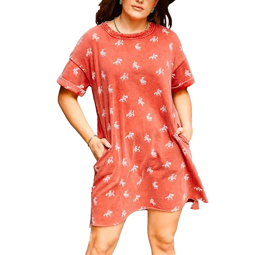 South Texas Tack Apparel Womens Burgundy Red Mineral Washed Horse Printed Dress