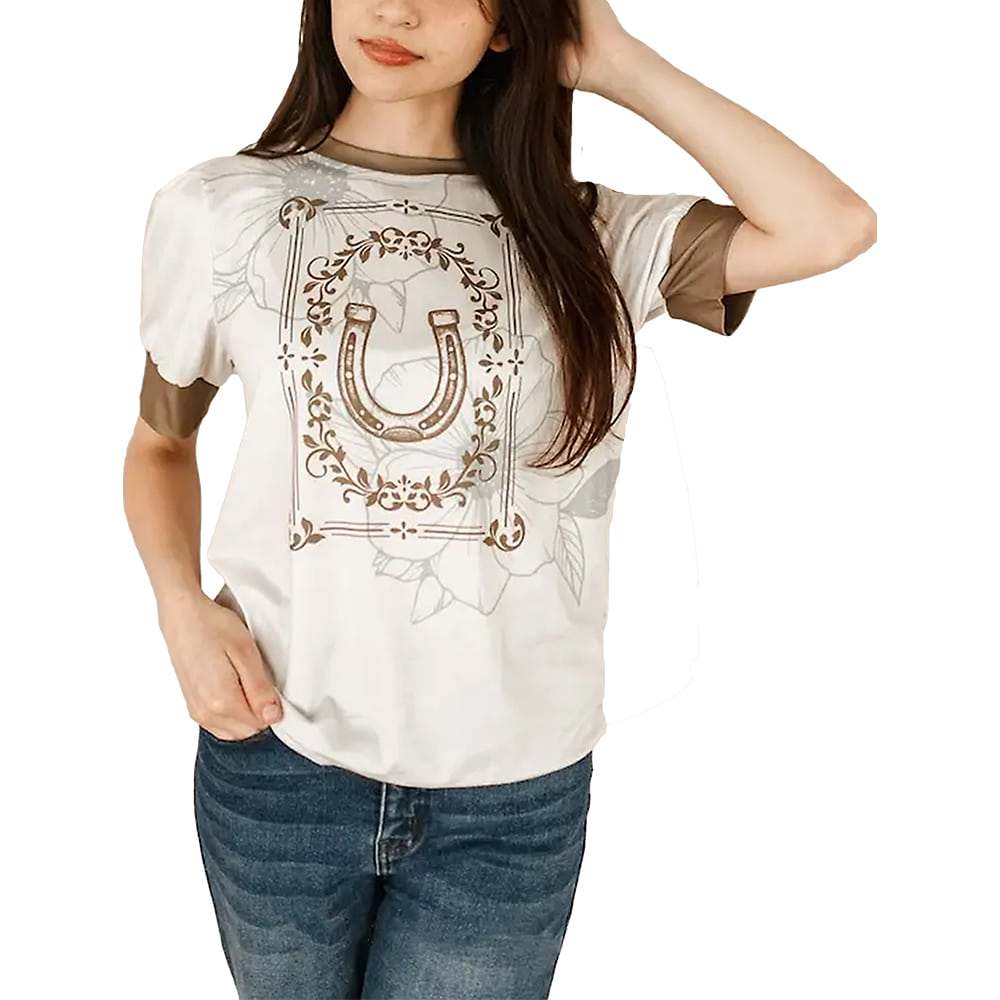 South Texas Tack Apparel Womens Ivory Western Printed Puff Sleeve Contrast Rib Hem Top