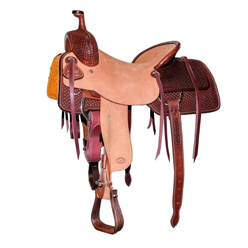 South Texas Tack Saddles 16 / Mahogany/Natural South Texas Tack Half Rough Out Half Waffle Tool Ranch Cutting Saddle With Pencil Roll