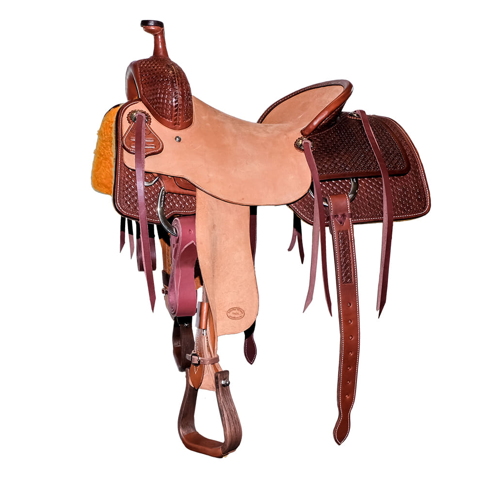 South Texas Tack Saddles Mahogany/Natural / 15" South Texas Tack Half Rough Out Half Waffle Tool Ranch Cutting Saddle With Pencil Roll