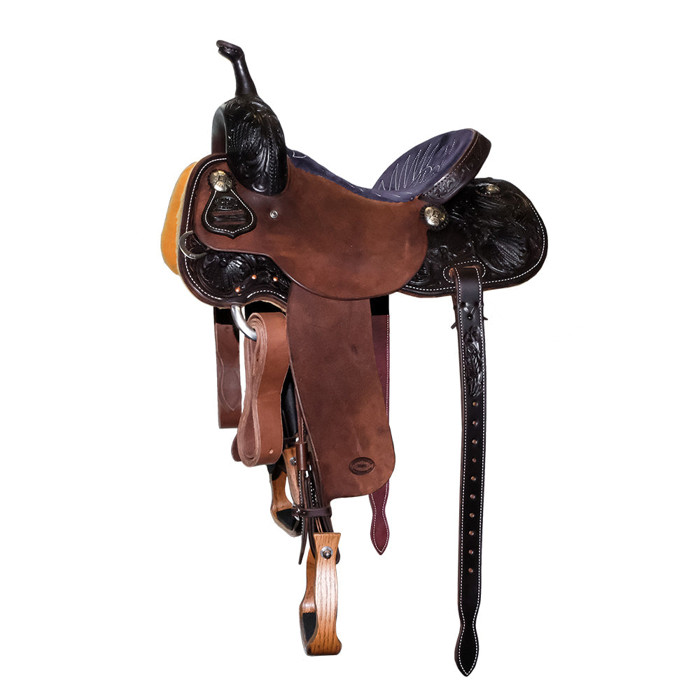 South Texas Tack Saddles South Texas Tack Half Chocolate Rough Out Half Poinsettia Tool Navy Suede Seat Barrel Saddle