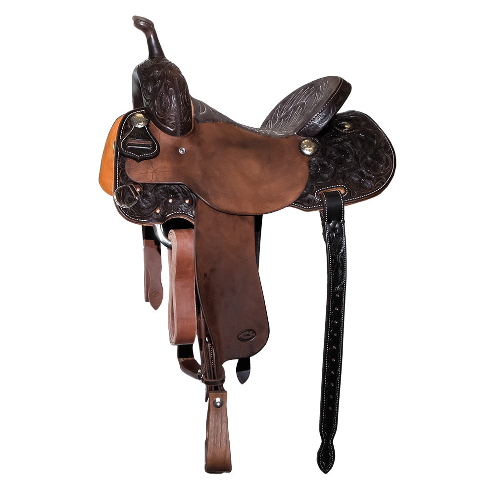 South Texas Tack Saddles South Texas Tack Half Floral Tool Half Chocolate Rough Out Barrel Saddle