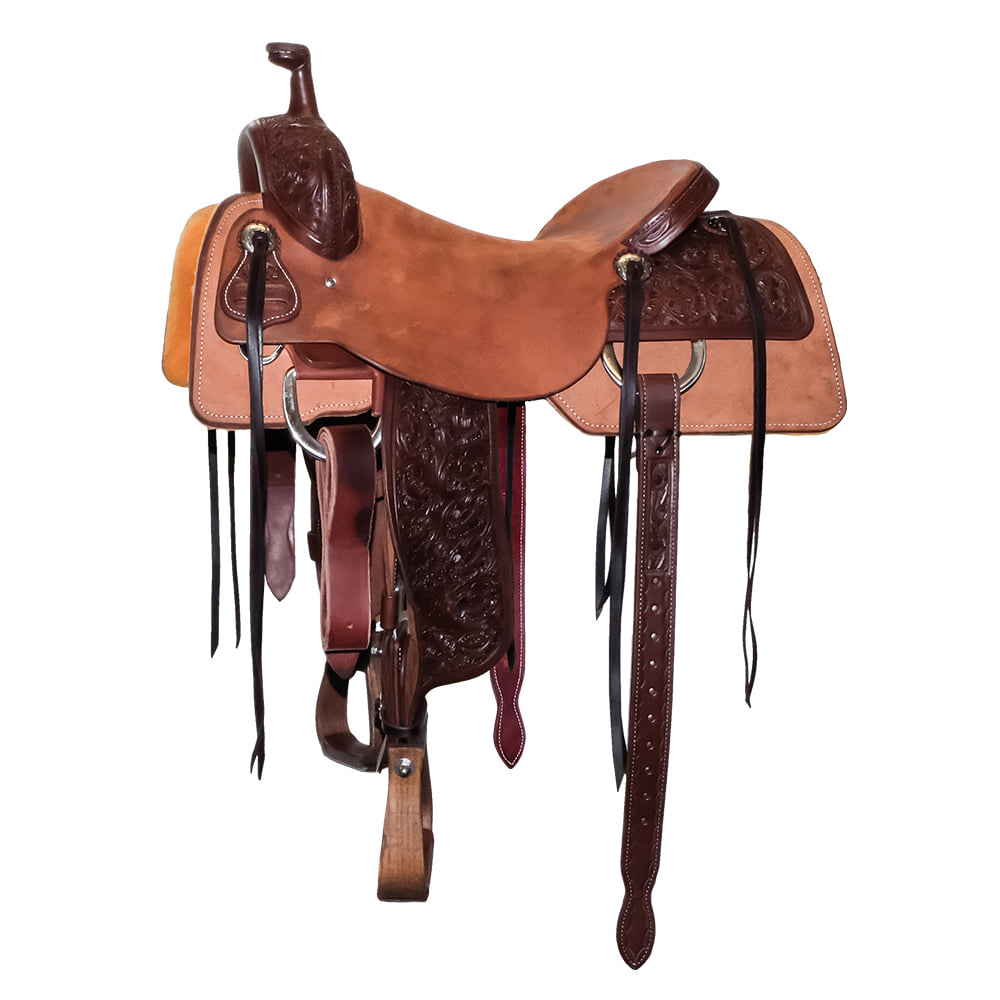 South Texas Tack Saddles South Texas Tack Half Natural Rough Out Half Acorn Oak Leaf Tool Ranch Cutting Saddle with Tooled Fenders
