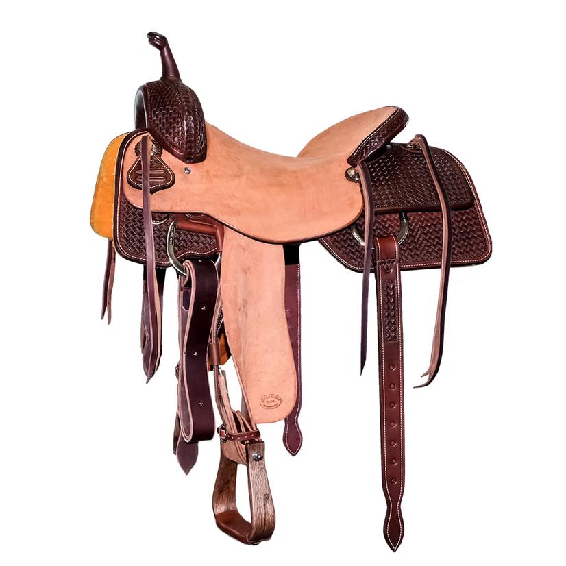 South Texas Tack Saddles South Texas Tack Half Natural Rough Out Half Mahogany Small Weave Cutting Saddle