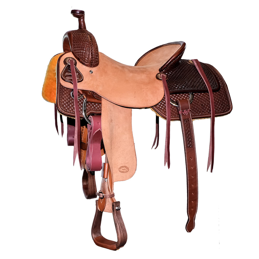 South Texas Tack Saddles Walnut/Natural / 15" South Texas Tack Half Rough Out Half Waffle Tool Ranch Cutting Saddle With Pencil Roll