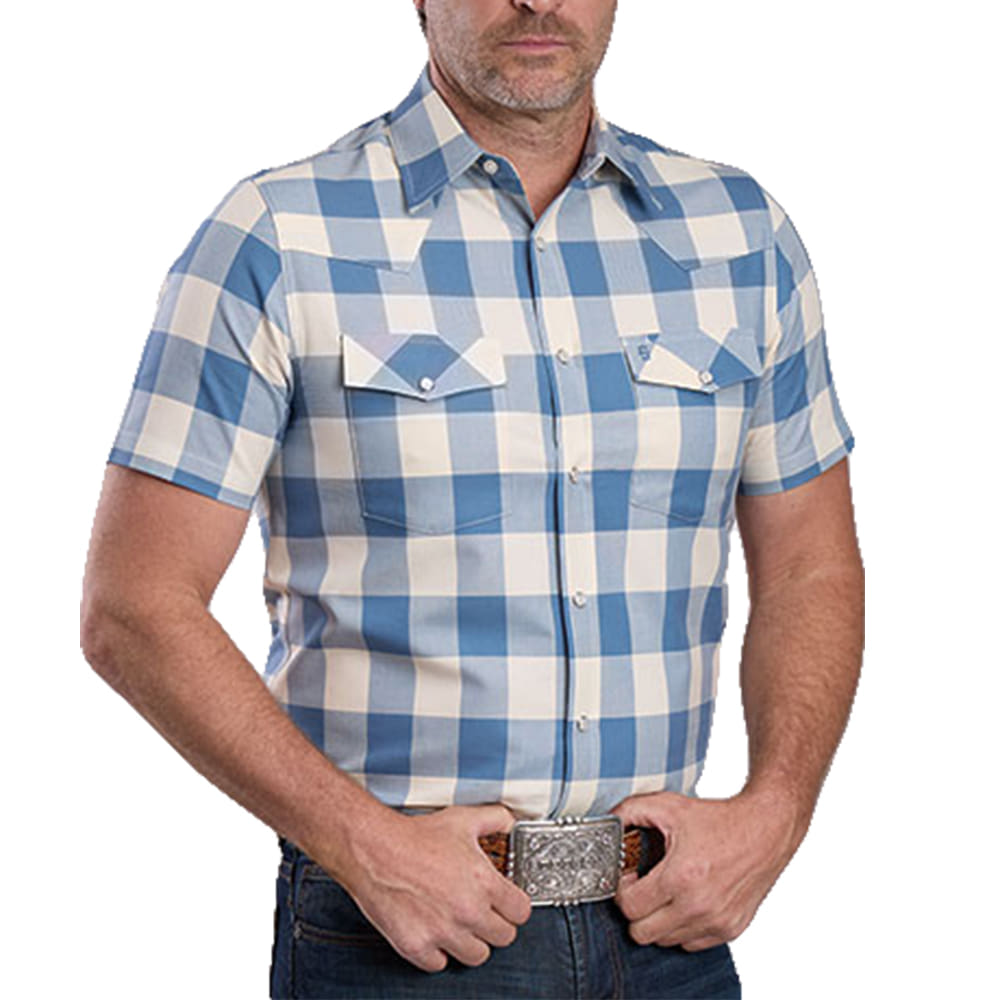 Stetson Apparel & Boots Apparel Stetson Apparel & Boots Men's Buffalo Plaid Short Sleeve Snap Shirt In Blue and Yellow