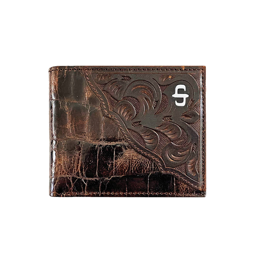 Stetson Apparel & Boots Other OS Stetson Brown Top Grain Hand Tooled Western Overlay With Croco Embossed Leather Men's Bifold Wallet