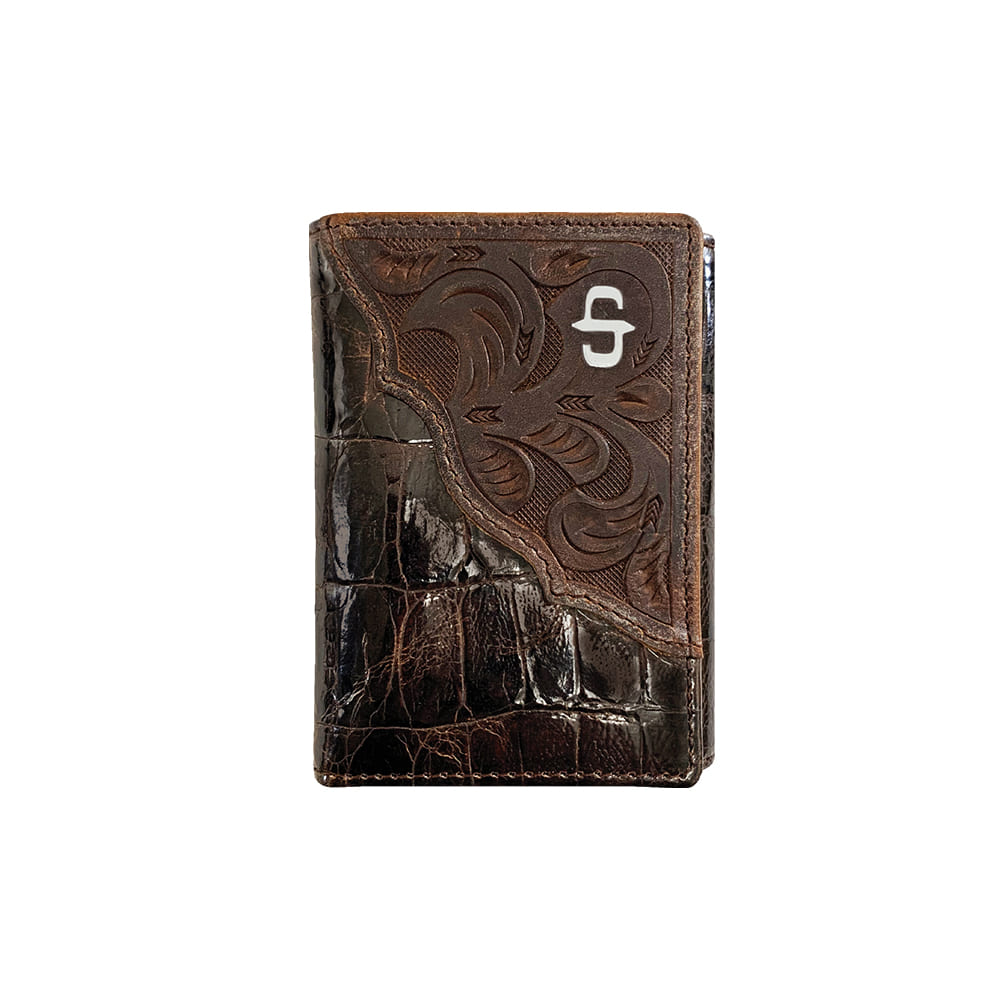 Stetson Apparel & Boots Other OS Stetson Brown Top Grain Hand Tooled Western Overlay With Croco Embossed Leather Men's Trifold Wallet