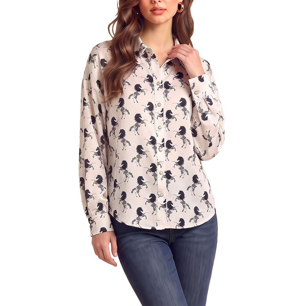 Taelynn Apparel Womens Printed Long Sleeve Button Down Blouse