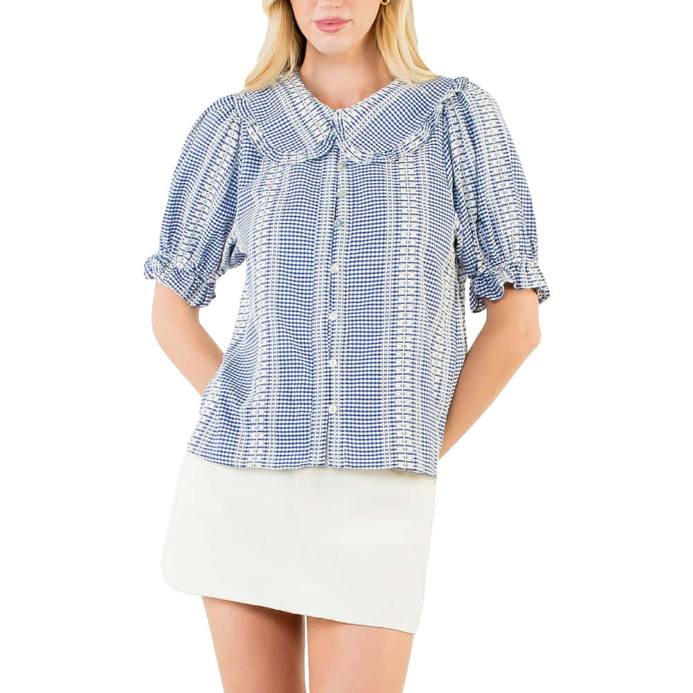 Thml Clothing Apparel Thml Clothing Gingham Patterned Puff Sleeve Top in Blue