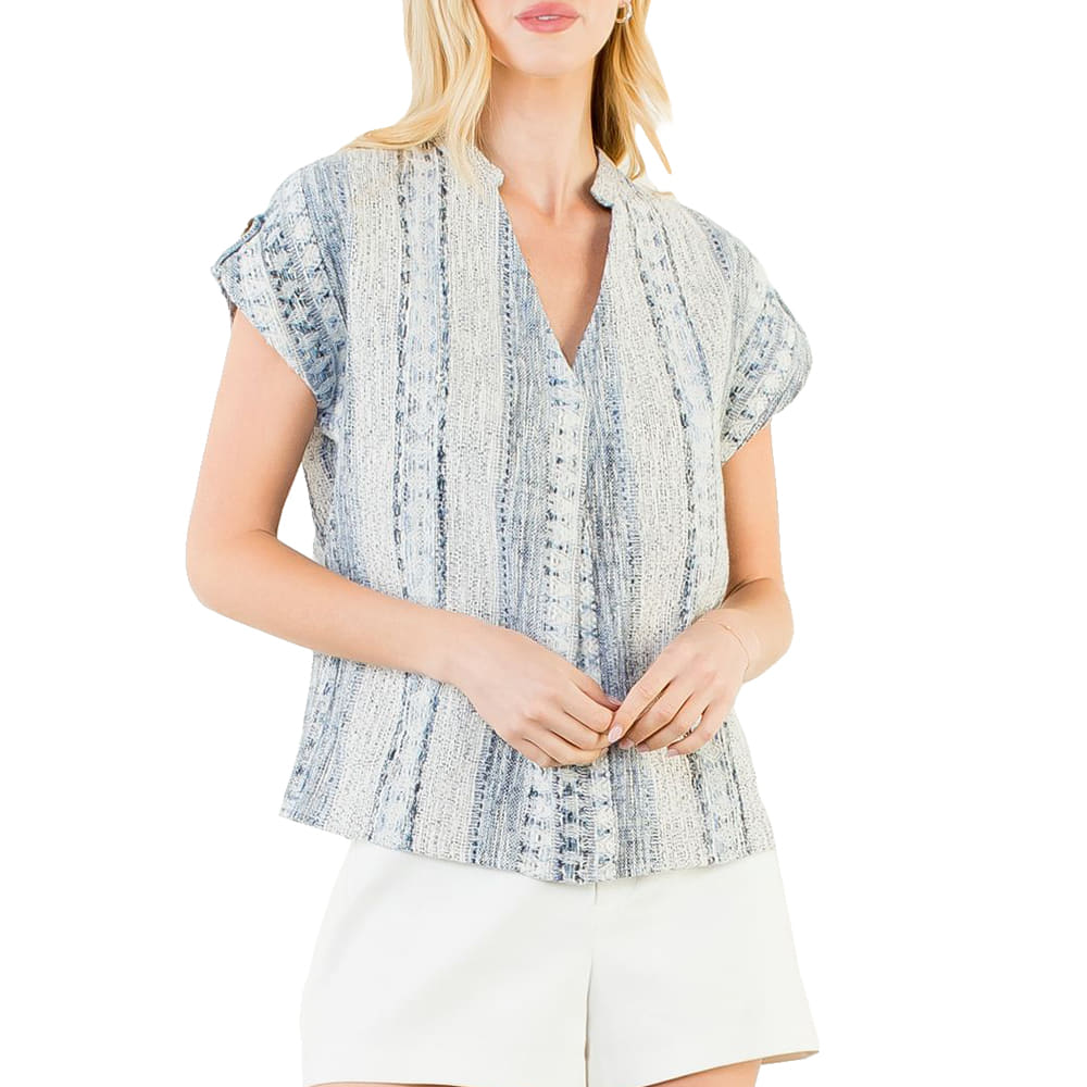 Thml Clothing Apparel Thml Clothing Women's Blue Tweed V-Neck Short Sleeve Top
