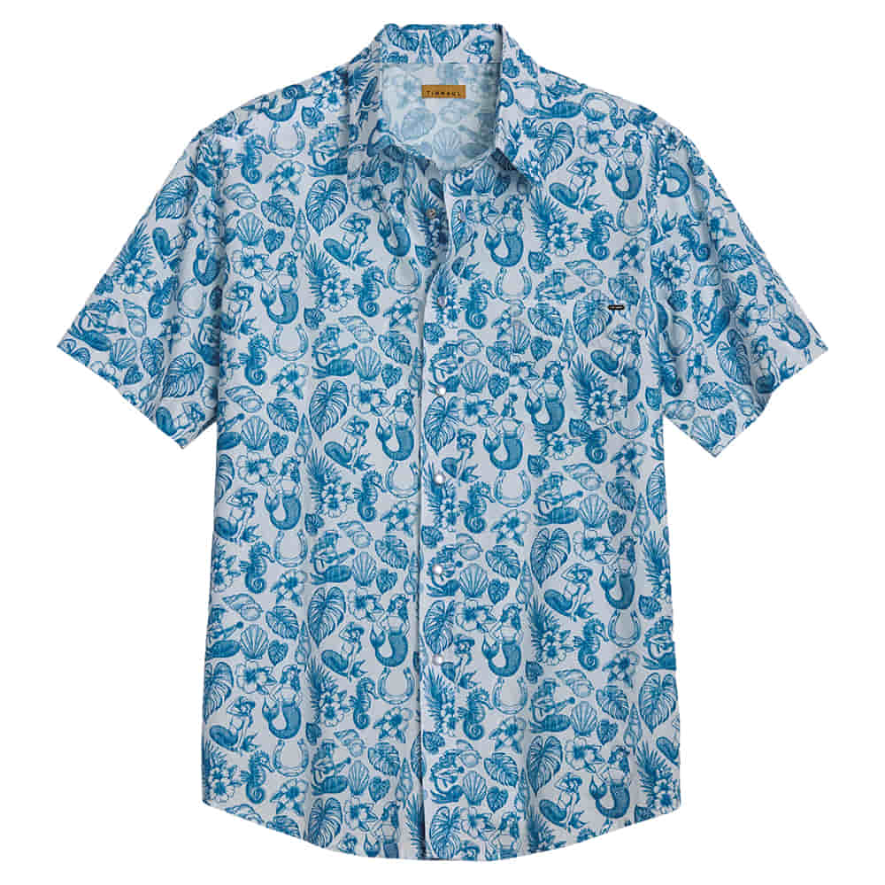Tin Haul Apparel MENS MERMAID GRAPHIC SHORT SLEEVE SNAP SHIRT IN BLUE AND WHITE