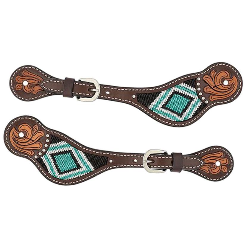 Turquoise Cross Tack Ladies / Chocolate Turquoise Cross Turquoise Beaded Women's Leather Spur Straps