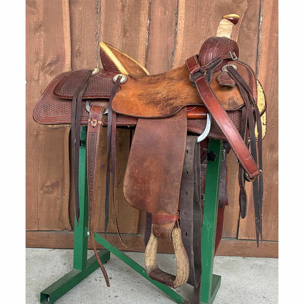 Used Saddles Saddles South Texas Tack 16" Half Rough Out Half Basket Weave Tool Used Ranch Cutting Saddle