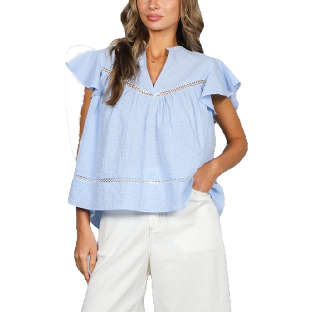 Vine and Love Apparel Gingham Ruffle Flutter Sleeve  Blouse