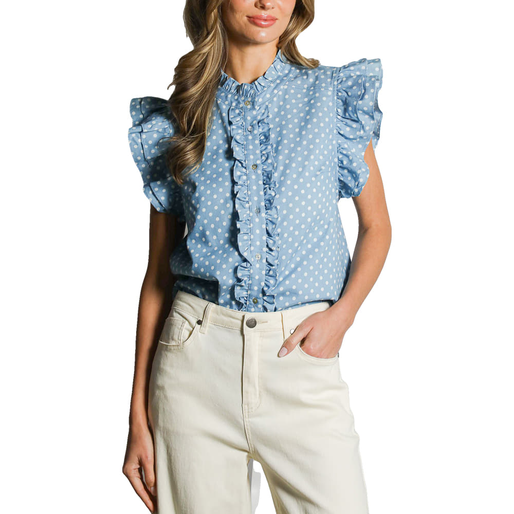 Vine and Love Apparel Polka Dot Ruffle Accent Sleeve Shirt Top