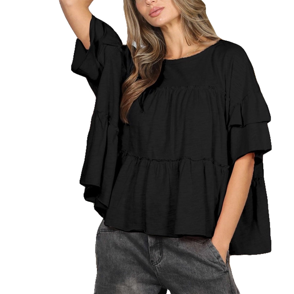 Vine and Love Apparel Vine and Love Women's Black Ruffle Tired Crew Neck Top