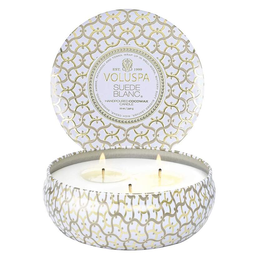Voluspa Home Decor 12oz / White Voluspa Suede Blanc 3 Wick Tin Candle 12oz