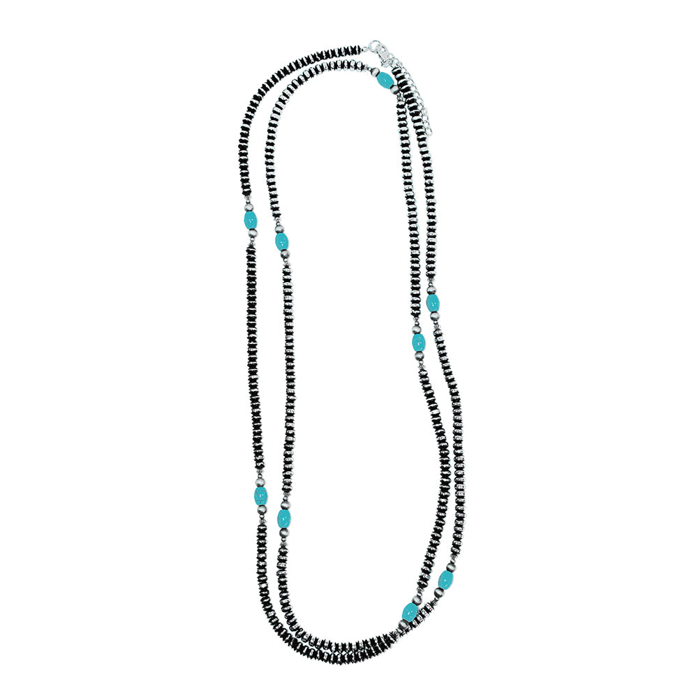 West and Co Jewelry 66 Inch West and Co Black and Silver Beaded 66" Necklace with Faux Turquoise Beads