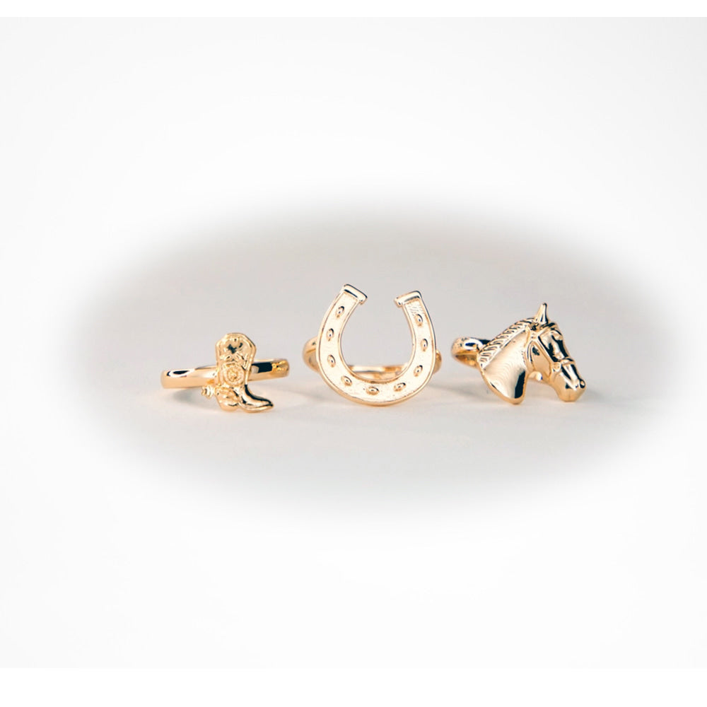 West and Co Jewelry West and Co 18K Gold Plated Adjustable Horse Shoe, Cowboy Boot, and Horse Head Ring Set